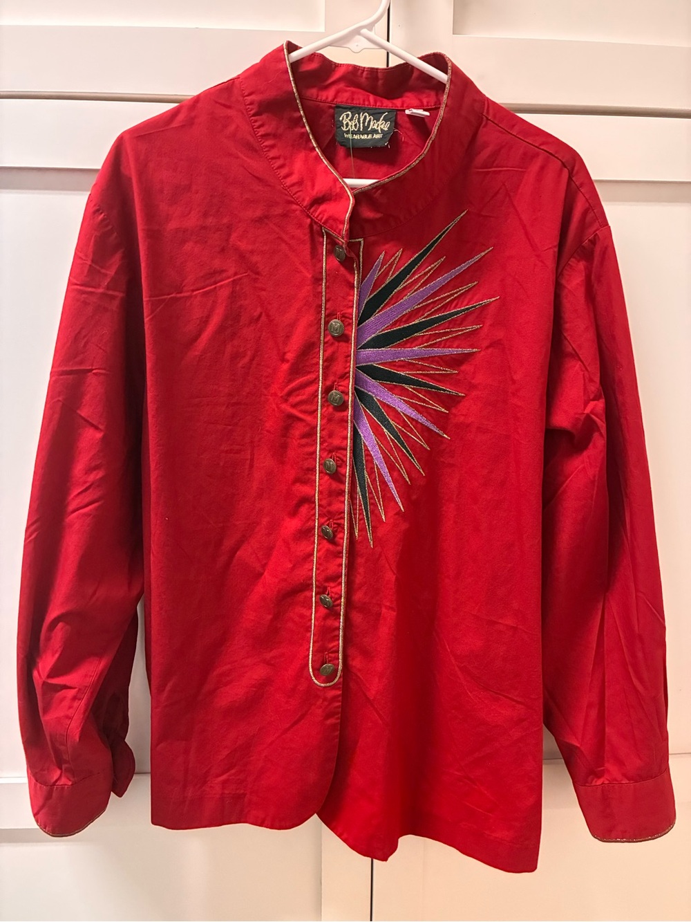 Bob Mackie Red Button-Down Shirt with Multicolor Embroidered Burst